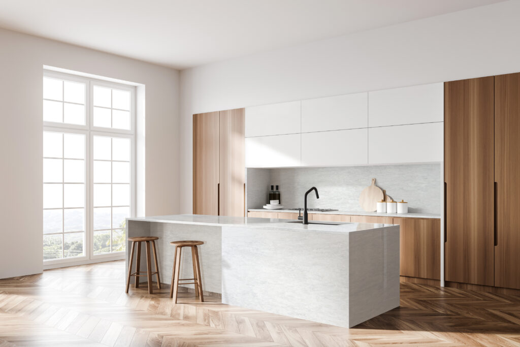 Corner,Of,Modern,Kitchen,With,White,Walls,,Wooden,Floor,And