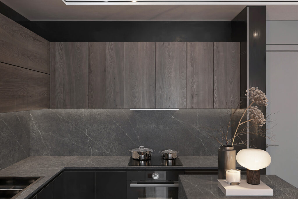 kitchen with dark wood cabinet and electrical stove