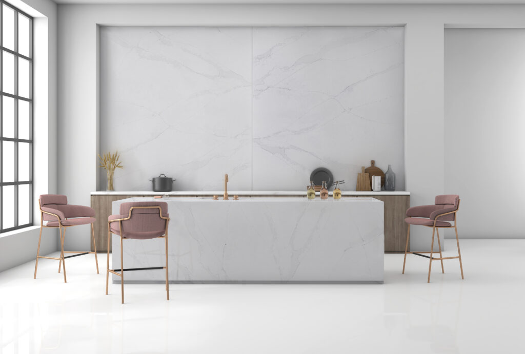 White,Kitchen,Interior,With,Large,Windows,,A,White,Marble,Table